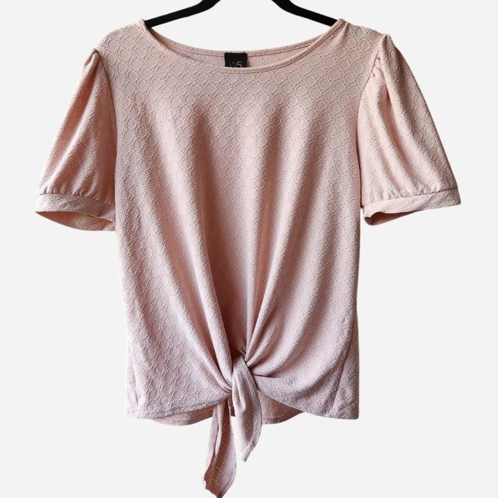 W5 Tie Front Top with Textured Geometric Design and Puffed Short Sleeves Pink